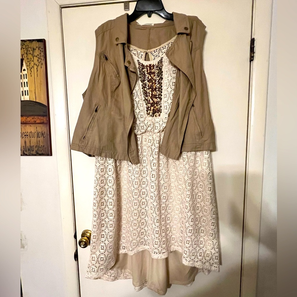 Creme and Tan Beaded High Low Dress and Vest Bundle from Maurices